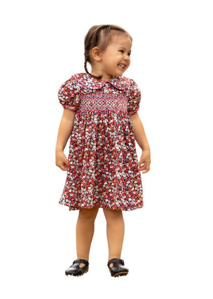 Baby Girls Red Floral Hand Smocked Princess Dress