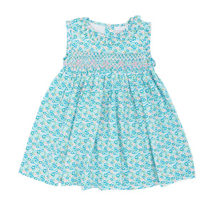 Blue Floral Smocked Ruffle-Collar Sleeveless A-Line Dress - Girls
