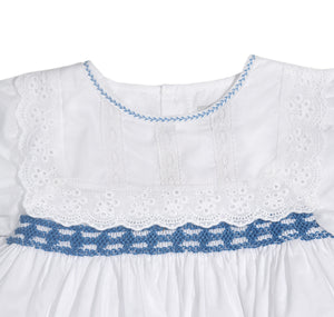 White & Blue Lace-Trim Smocked Cap-Sleeve Dress - Infant & Girls