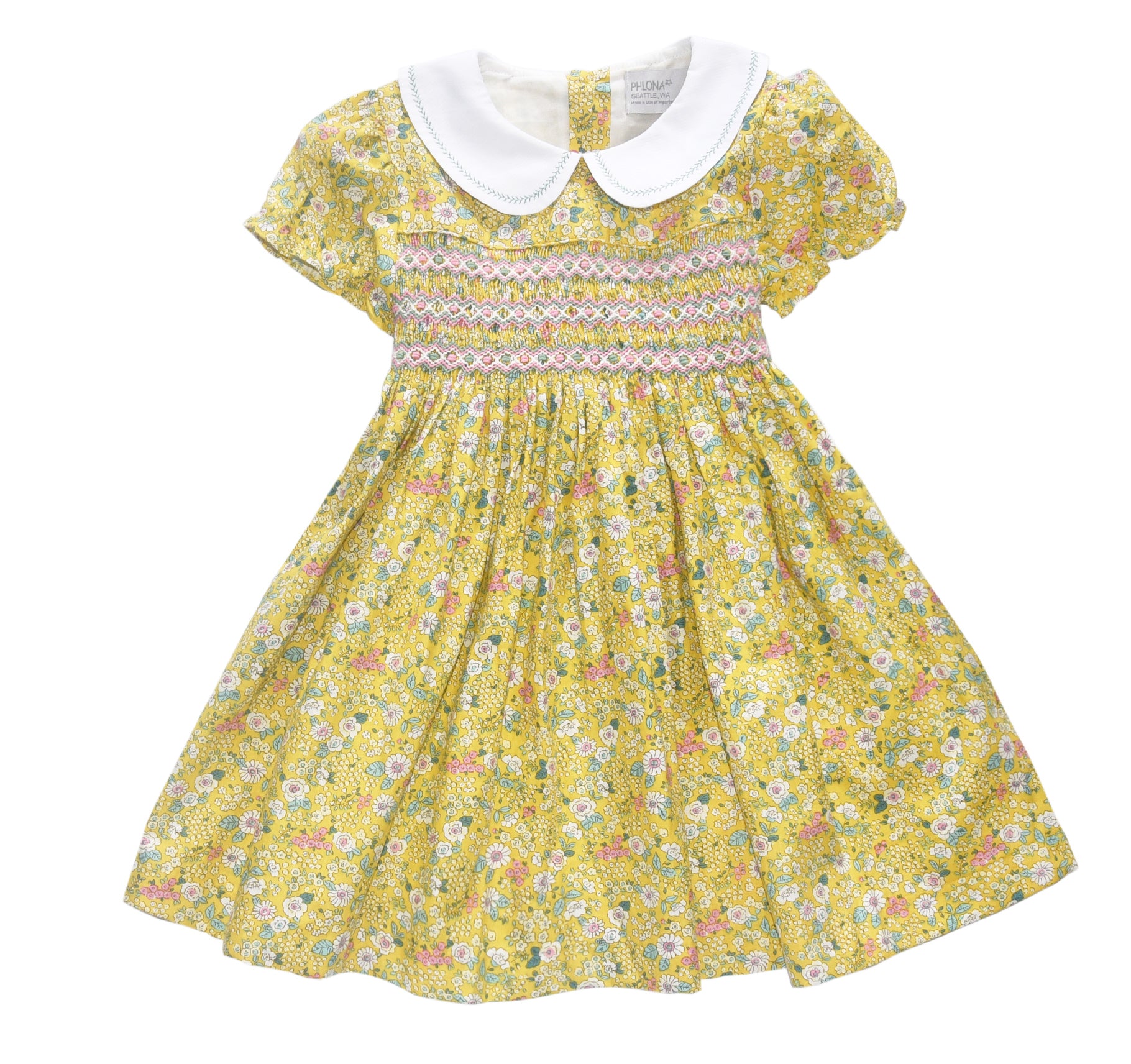 Yellow Floral Smocked Collared Puff-Sleeve Liberty A-Line Dress
