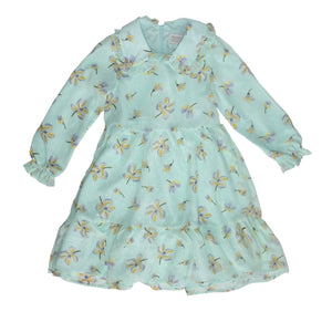 Blue Floral Collared Ruffle-Hem Long-Sleeve Chiffon A-Line Dress - Toddler & Girls