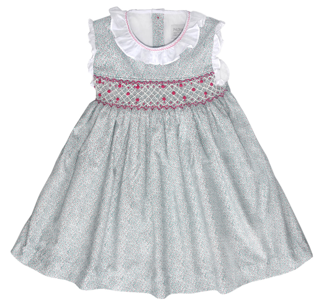 Blue & Pink Floral Smocked Ruffle-Collar Sleeveless A-Line Dress - Infant, Toddler & Girls