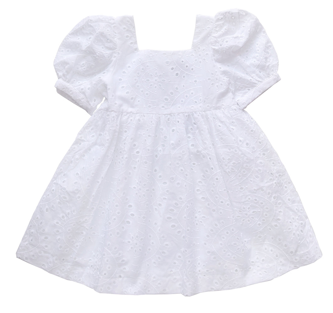 White Embroidered Eyelet Square Neck Puff-Sleeve A-Line Dress - Toddler & Girls
