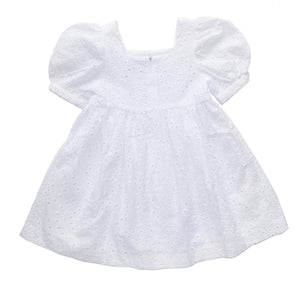 White Embroidered Eyelet Square Neck Puff-Sleeve A-Line Dress - Toddler & Girls