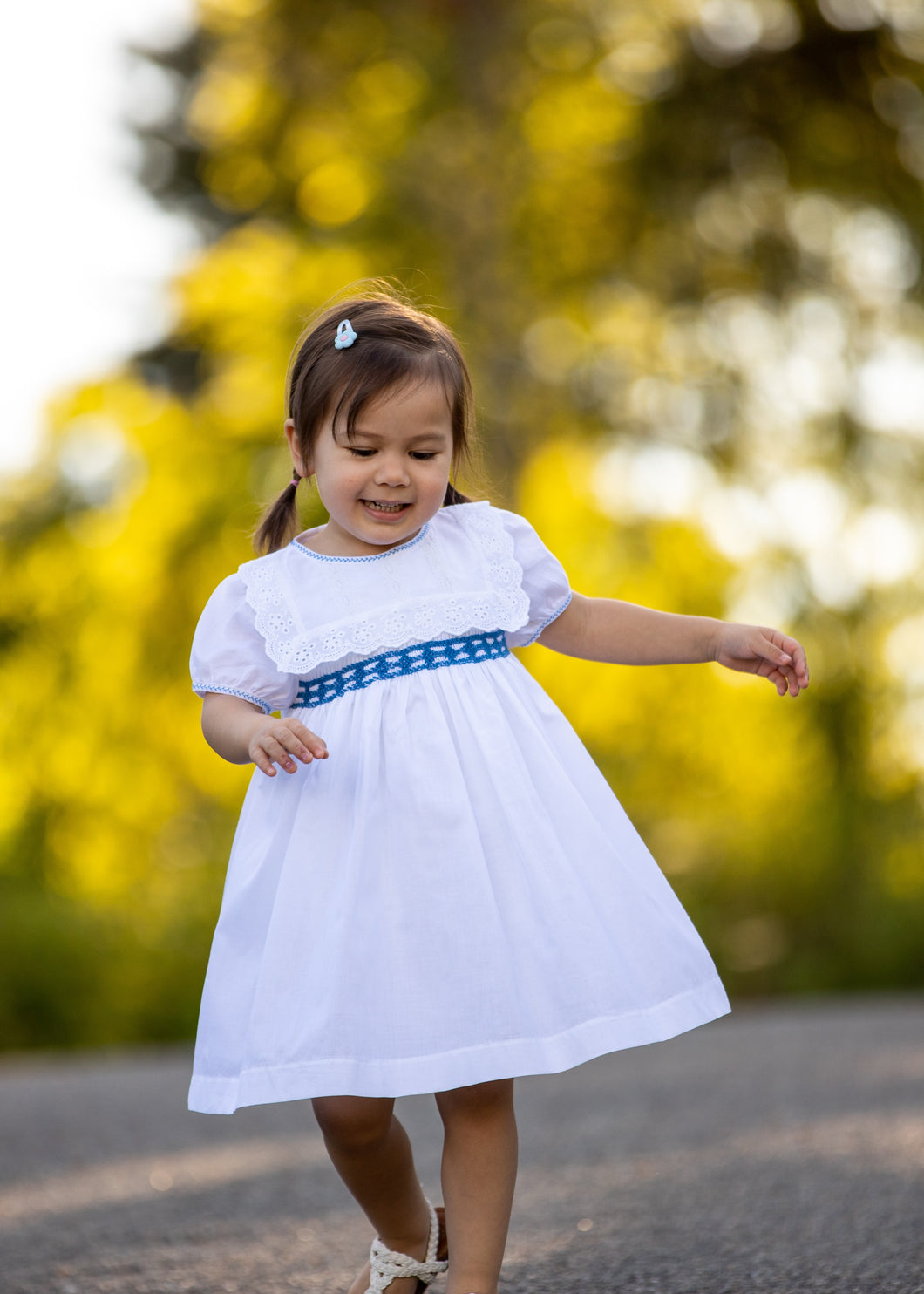 White & Blue Lace-Trim Smocked Cap-Sleeve Dress - Infant & Girls