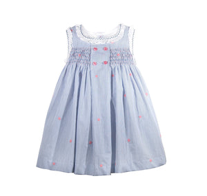 Toddler Baby Girls Soft Blue Stripe Cotton Hand Smocked Dress Frilly Sleeve