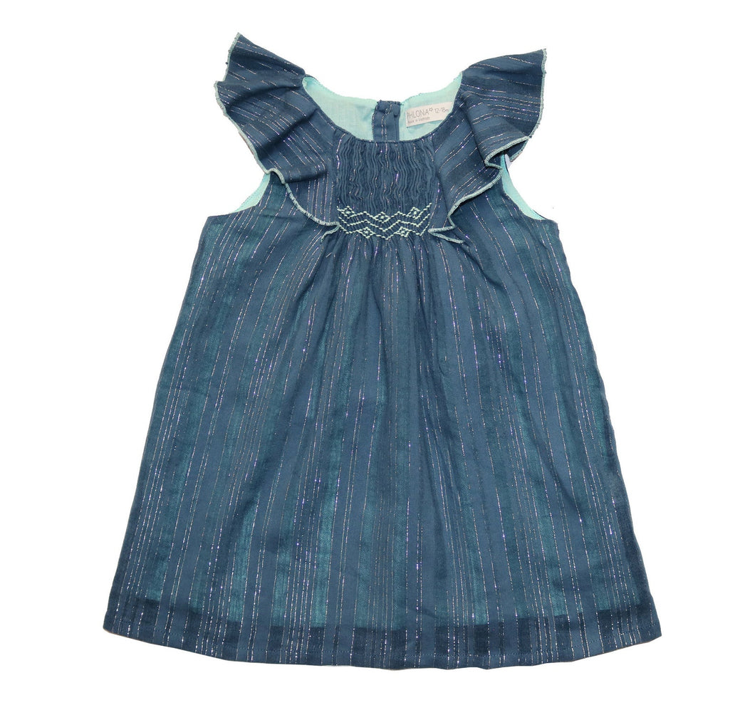 Smocked baby dress, glitter blue angel sleeves