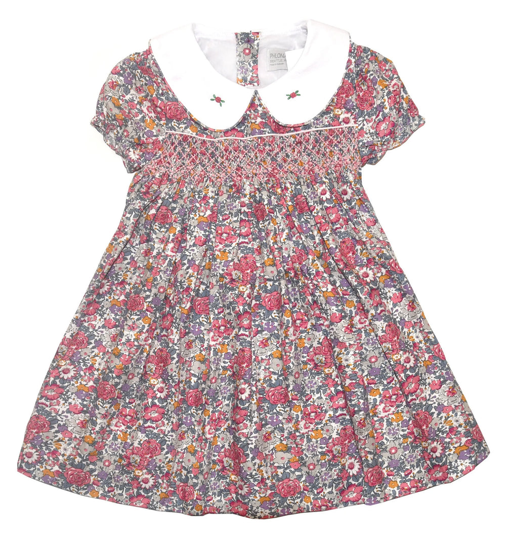 Baby Girls' Rose and Blue Floral Hand Smocked Dress