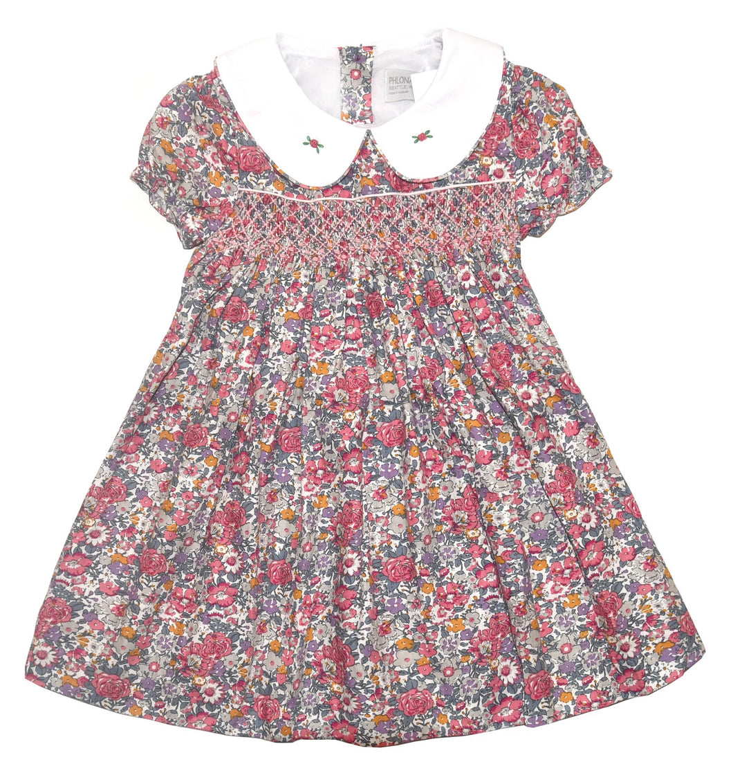 Baby Girls' Rose and Blue Floral Hand Smocked Dress