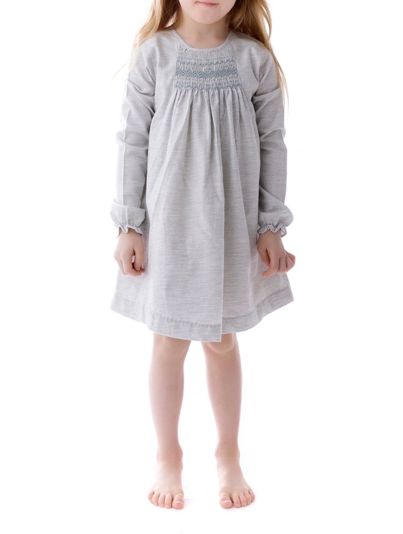 Little Girls' Grey Melange Hand Smocked Dress - Long Sleeves